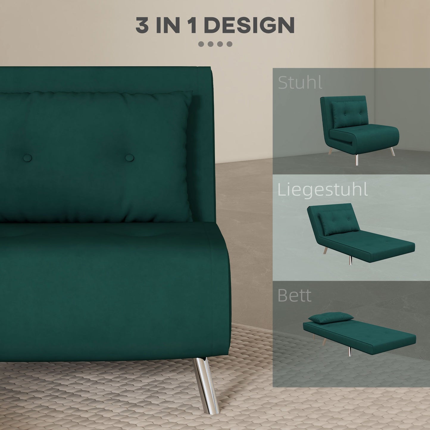Slaapfauteuil – Relaxstoel – Bedfauteuil – Gastenbed – Velours Fauteuil – Donkergrijs – 3-stand Verstelbare Rugleuning – Compact 77x88x83 cm