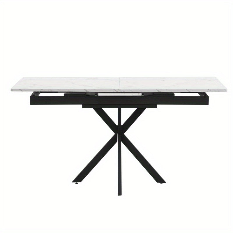 Verstelbare Eettafel – Zelf Uitbreidbare Tafel – Rechthoekige Koffietafel – Vrije Tijd Tafel – Eetkamer Tafel – Marmerlook Bovenblad – Kruisvormig Metaal Onderstel