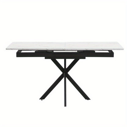 Verstelbare Eettafel – Zelf Uitbreidbare Tafel – Rechthoekige Koffietafel – Vrije Tijd Tafel – Eetkamer Tafel – Marmerlook Bovenblad – Kruisvormig Metaal Onderstel