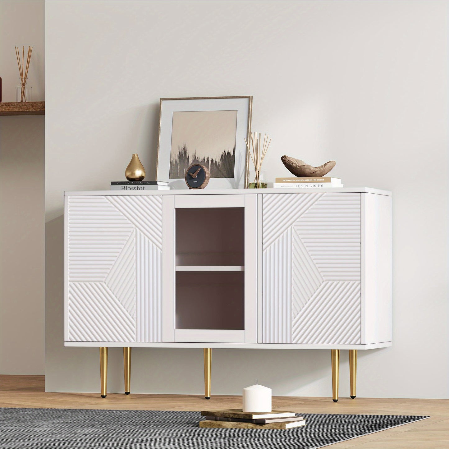 Dressoirkast – Opbergkast – Kast – Buffetkast – Wandkast – Wit – 120 cm – 3 Glazen Deuren Met Metalen Poten