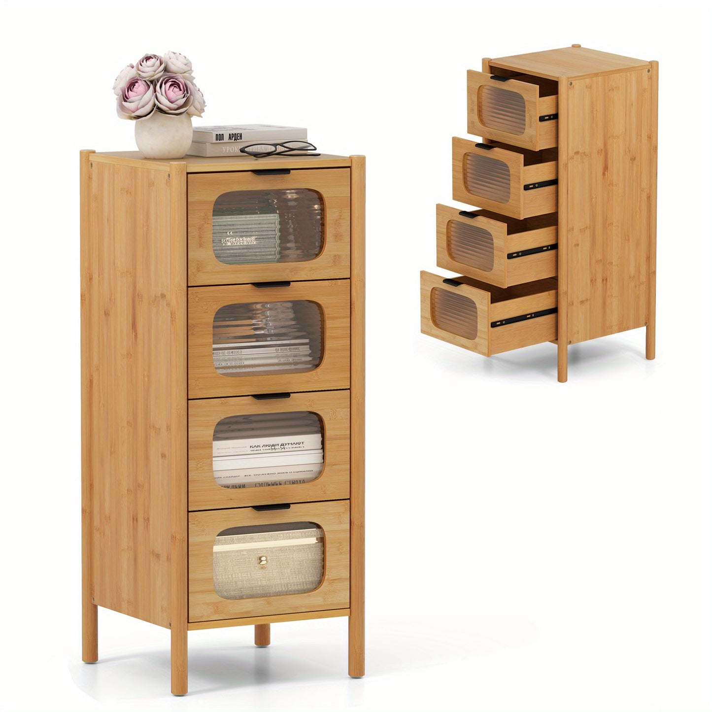 Kast Opbergsysteem – Kledingkast – Opbergkast – Ladekast – Dressoir – Bamboe & Gehard Glas – 40x40x97 cm – 4 Ruime Lades