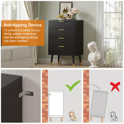 Ladekast – Ladekasten – Dressoir – Opbergkast – Ladenkast Zwart – Fluted Design – Gouden Metalen Poten – Compact Formaat – Geen Montage Nodig