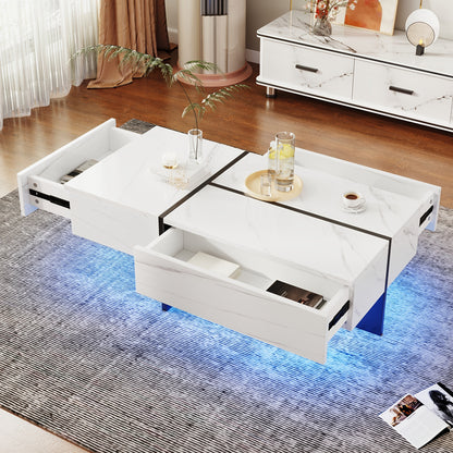 Hoogglans Salontafel – Woonkamertafel – Koffietafel – Bijzettafel – Tafeltje – Marmerlook Wit – Zwarte Accenten – 100x50x34,5 cm – Duurzaam Hardhout