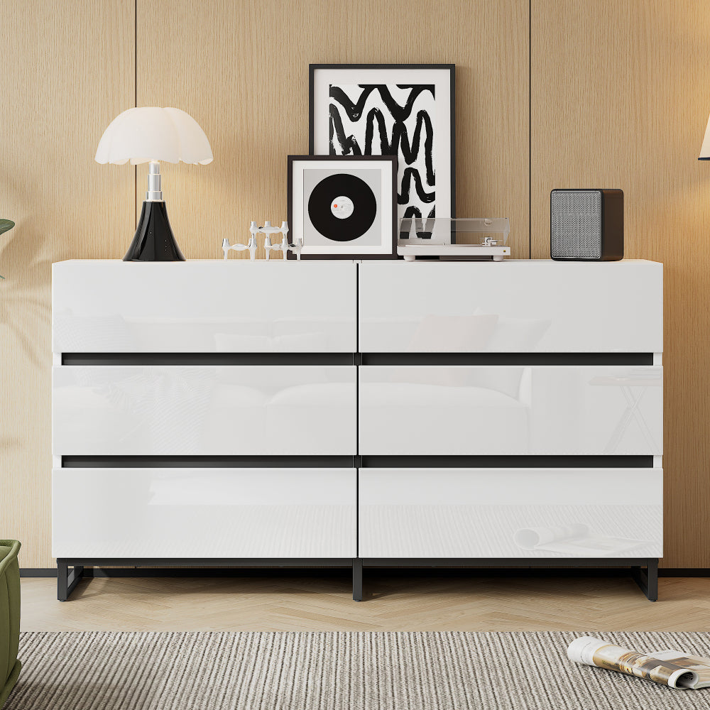 Kast – Opbergkast – Dressoir – Ladekast – Sideboard – Hoogglans Wit – 6 Lades – Metalen Poten – Ruime Opbergruimte – Stevige Constructie