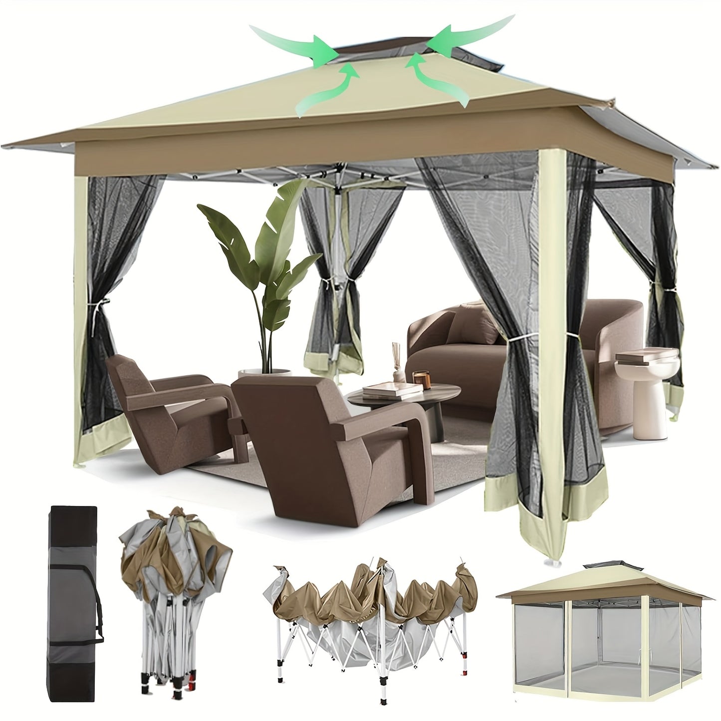 Partytent – Tuintent – Paviljoen – Feesttent – Bouwtent – Opvouwbaar – 3x3 m – Waterdicht Met Verstelbare Hoogte en Dubbel Ventilatiedak