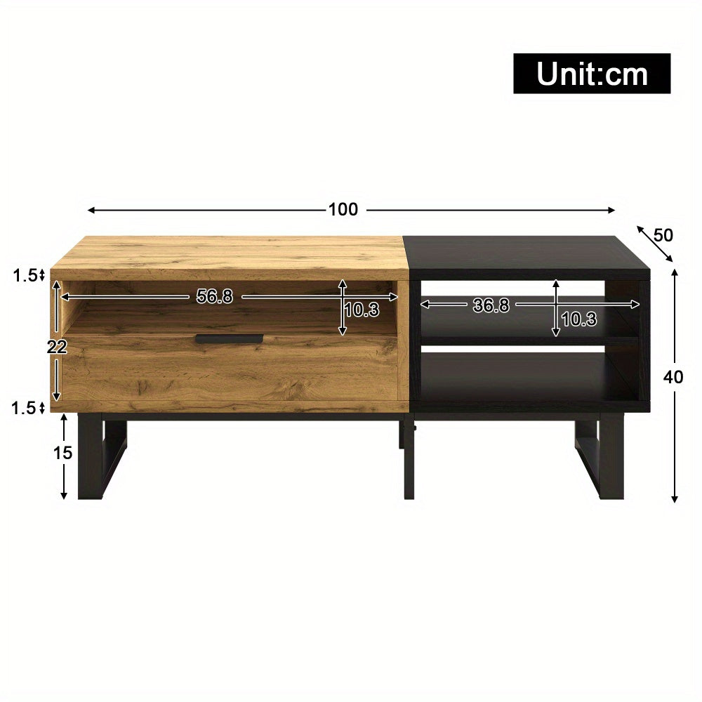 Salontafel – Woonkamertafel – Koffietafel – Bijzettafel – Tafel Met Lades – Burlywood Kleurvlakken – Hardhout En Metaal – Met Opbergruimte
