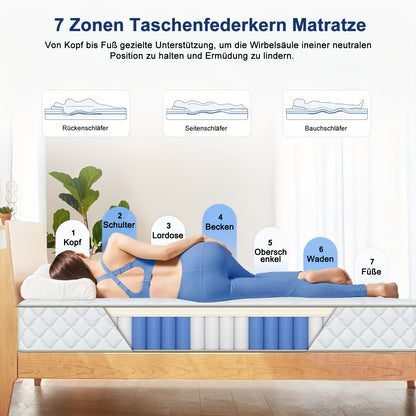 Pocketveermatras – 7-Zone Matras – Binnenveringsmatras – Veerkrachtig Matras – Slaapmatras – 190x140 cm – Hoes Wasbaar – 22 cm Hoogte