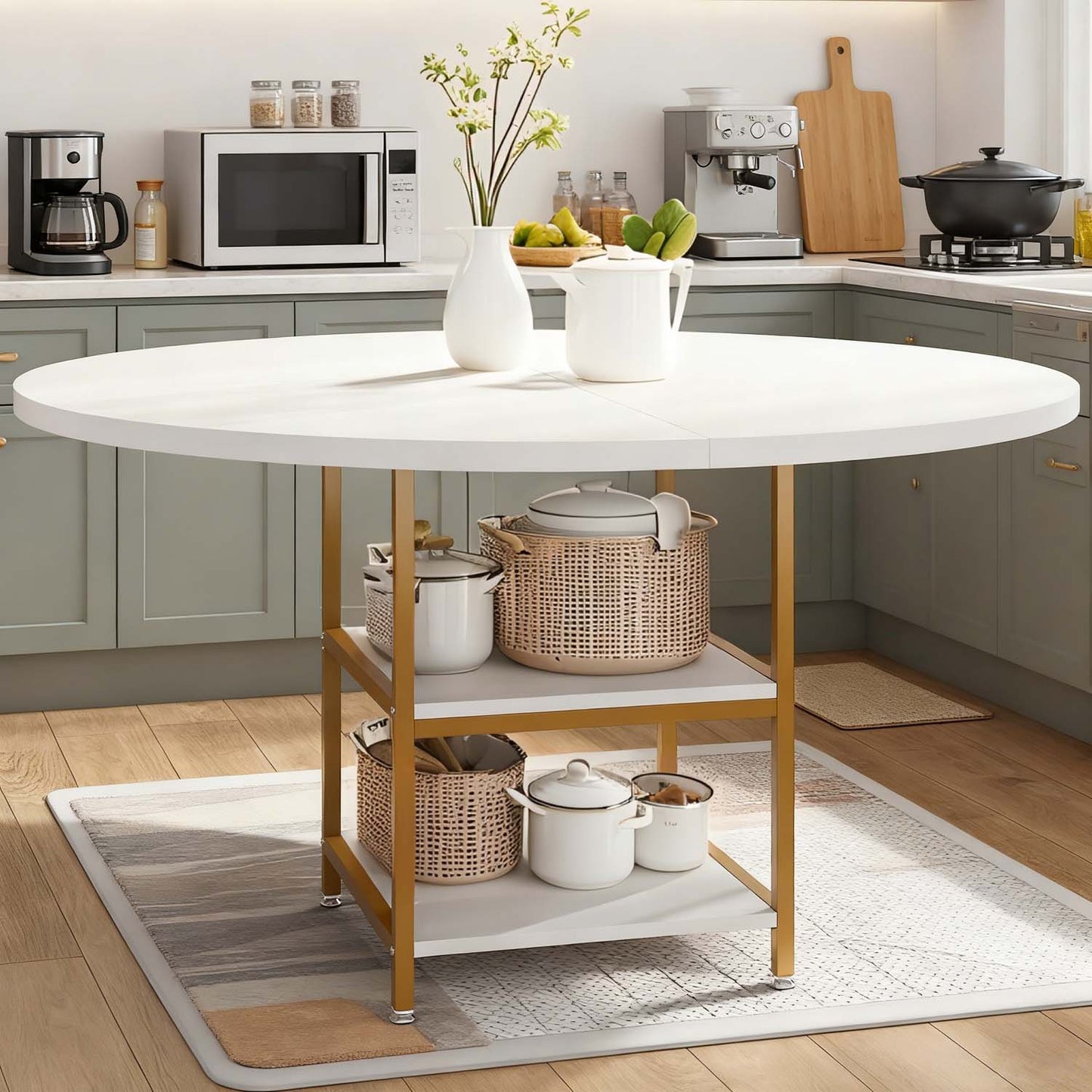 Eettafel – Keukentafel – Ronde Tafel – Eetkamertafel – Inklapbare Tafel – 119 cm Rond – 2-laags Opbergruimte – Wit Gouden Farmhouse Design