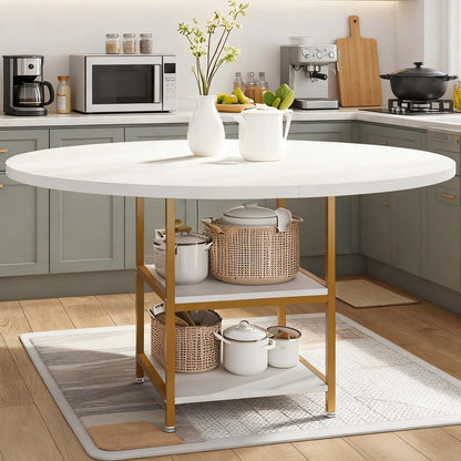 Eettafel – Keukentafel – Ronde Tafel – Eetkamertafel – Inklapbare Tafel – 119 cm Rond – 2-laags Opbergruimte – Wit Gouden Farmhouse Design
