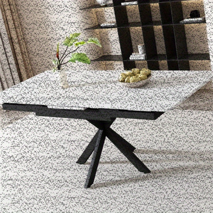 Verstelbare Eettafel – Zelf Uitbreidbare Tafel – Rechthoekige Koffietafel – Vrije Tijd Tafel – Eetkamer Tafel – Marmerlook Bovenblad – Kruisvormig Metaal Onderstel