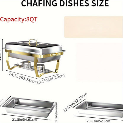 Chafing Dish Set – Warmhoudpan – Buffetpan – Serveerschotel – Au Bain-Marie – 4-Delige Set Goud – RVS 201 Roestvrij Staal – 9 Liter Inhoud – Geen Stroom Nodig – Elegant Stackbaar Design