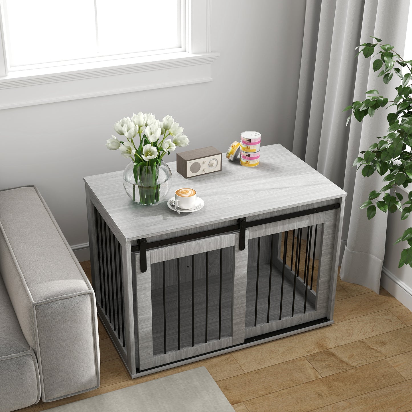 Hondenbench – Hondenkooi – Bench – Hondenhuisje – Hondenkennel – Opvouwbaar – Schuifdeur – Ventilatie – Spaanplaat & Staal – 98x58x61 cm – Grijs