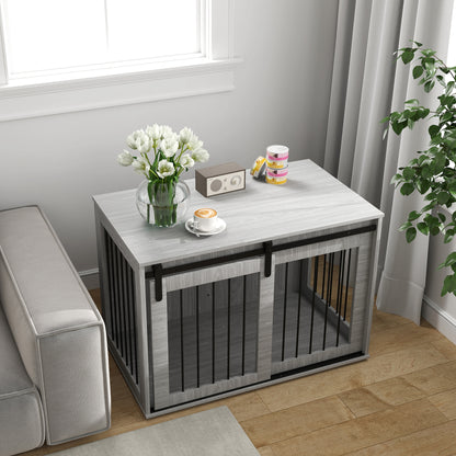 Hondenbench – Hondenkooi – Bench – Hondenhuisje – Hondenkennel – Opvouwbaar – Schuifdeur – Ventilatie – Spaanplaat & Staal – 98x58x61 cm – Grijs