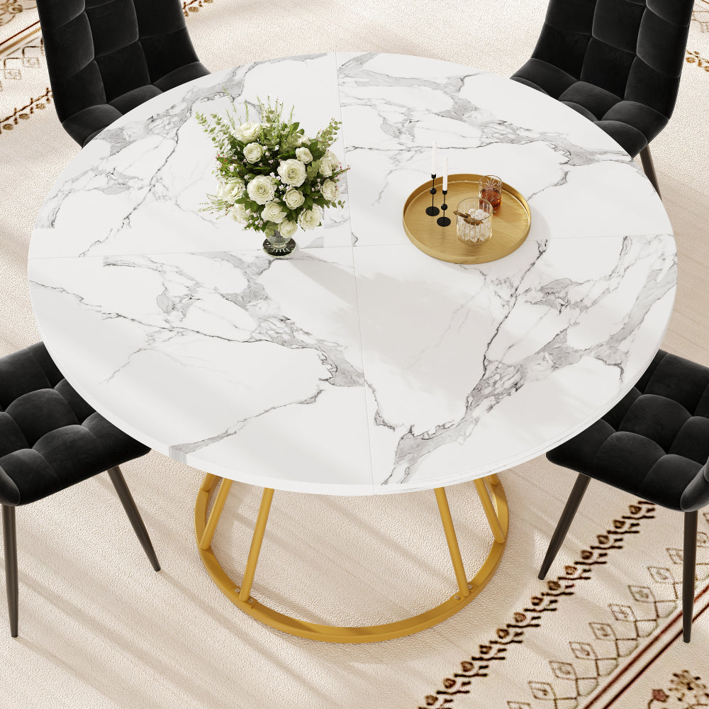 Eettafel – Eetkamertafel – Keukentafel – Ronde Tafel – Ontbijttafel – Rond Marmerprint Wit Blad – Gouden Metalen Poten – Ruimtebesparend – Duurzaam MDF & Metaal