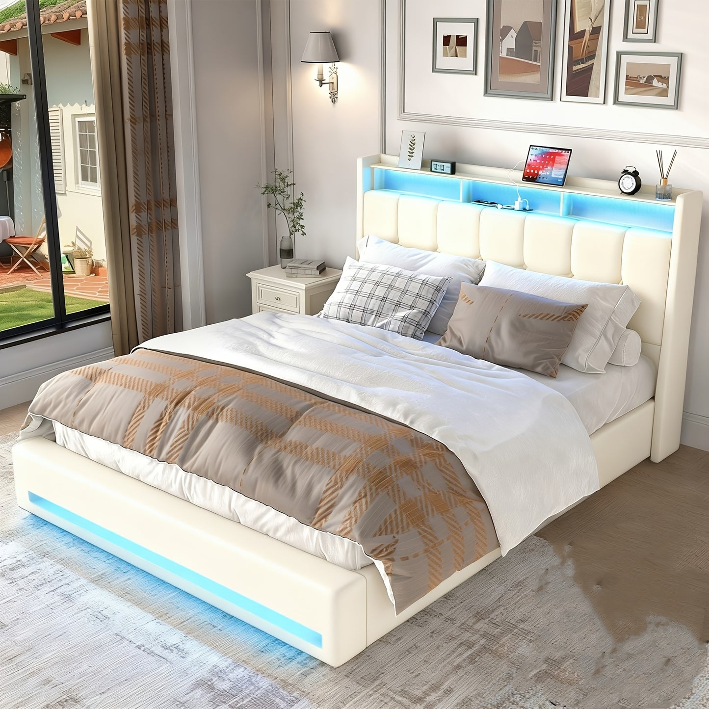 Upholstered Ottoman Bed with Hydraulic Lift & LED Storage Headboard | 140x200cm Double Bed Frame, Grey, Powered, Contemporary Style, Assembled - Oyajia
