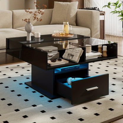 Verstelbare Salontafel – Multifunctionele Tafel – Lift-Top Tafel – Opberg Salontafel – Compacte Salontafel – Zwart Hoogglans – Duurzaam Spaanplaat – Ruimtebesparend Design