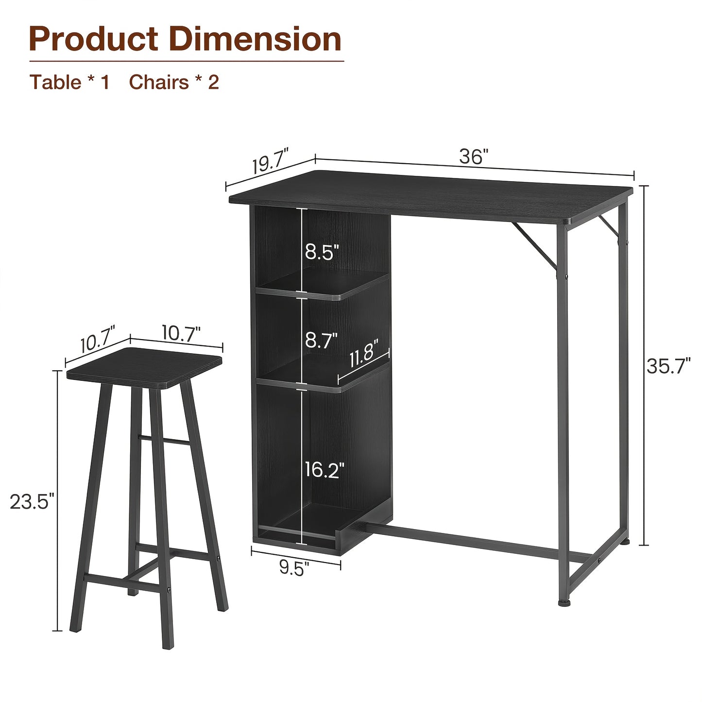 3pcs Compact Modern Farmhouse Bar Table and Chairs Set with 3-Tier Storage Shelves - Space-Saving Wood Construction, Black Finish for  Apartments, Living Room, Kitchen, Dining Room - Sturdy A-Frame Design & Comfortable Seatin