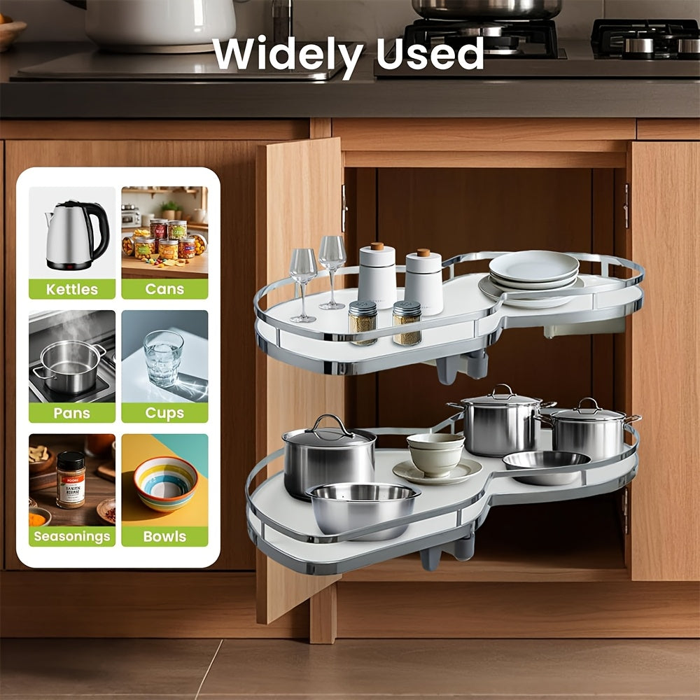 Hoekkast Organizer Keuken – Uittrekbare Kastinrichting – Keukenopberger – Draaiplateau Opberger – Bergsysteem Hoekkast – Pull Out Links & Open Deurtje Rechts – 2 Draaibare Plateaus – Metalen Duurzaam Design