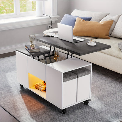 Salontafel – Koffietafel – Bijzettafel – Eettafel – Werkplek – Verstelbaar Blad – Verrijdbaar Met Remmen – Hoogwaardig Hout – Grijs/Wit