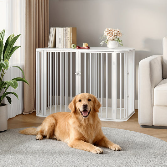 Dog Cage Furniture, Dog Box with Soft Cushion, Modern Multi-Door Design, Side Table for Heavy-Duty Wooden Dog Crates, Suitable for Large Dogs, 108 X 66 X 77.5cm, White, Extra for large Dog Crate Furniture, Dog Crate for Large - QUORE