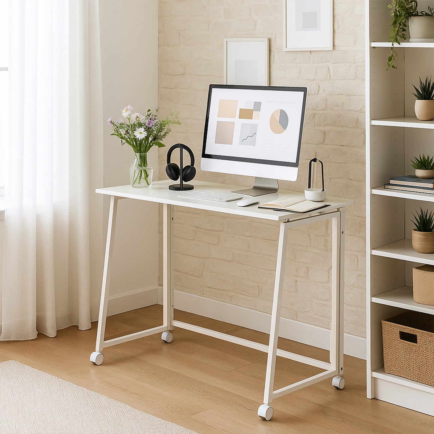 Opvouwbaar Bureau – Bureaumeubel – Werkplek – Schrijftafel – Computerbureau – Wit – Ruimtebesparend – Verstelbare Wielen en Pootjes