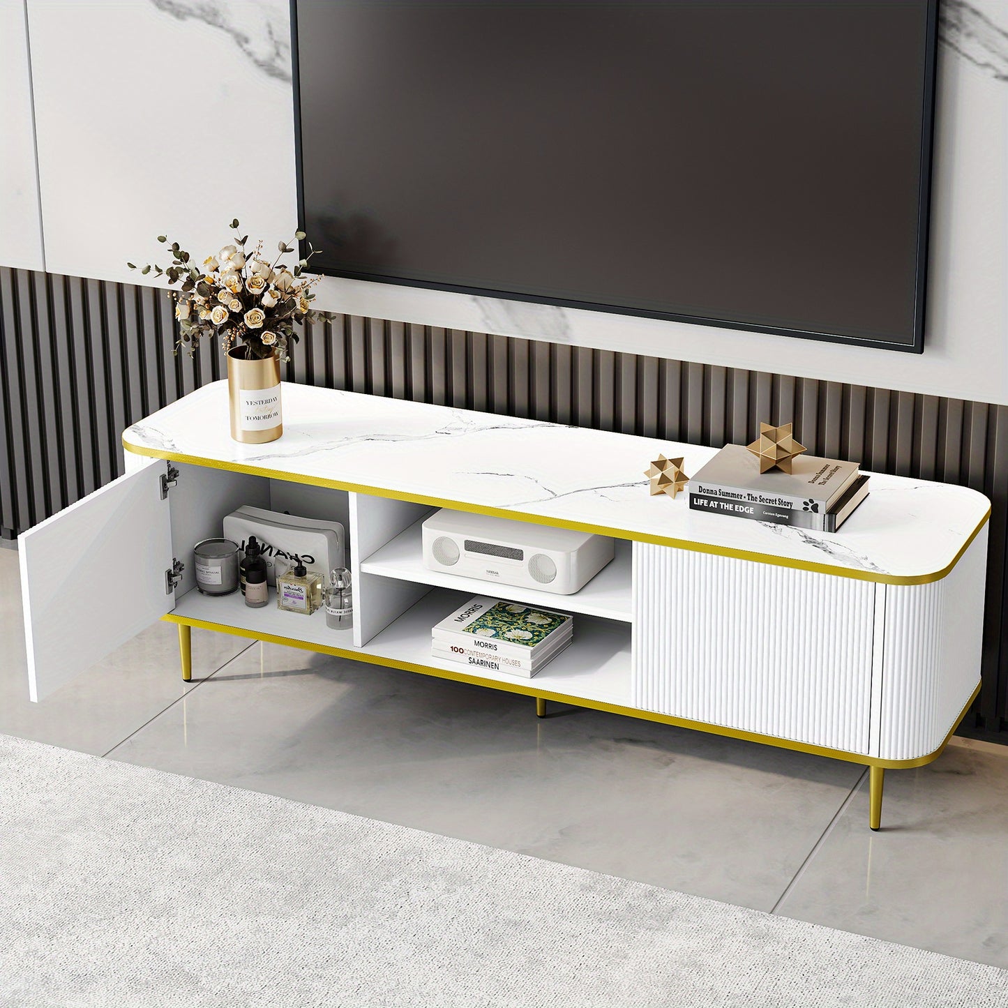 Tv-meubel – Tv-kast – Entertainment Center – Mediameubel – Tv-standaard – 140 cm Breed – Hoogwaardig Massief Hout – Verstelbare Planken Met Kabelbeheer