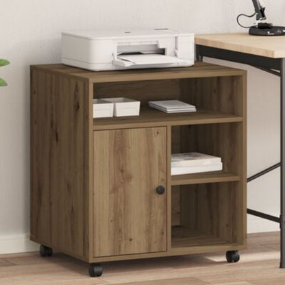 Oak Manual Printer Stand with 4-Wheel Mobility & Heavy-Duty Wood - Sturdy Space-Saving Desktop Organizer with Storage Shelves & Printer Cabinet for Office, Printer, Scanner, Books (Easy Assembly) -