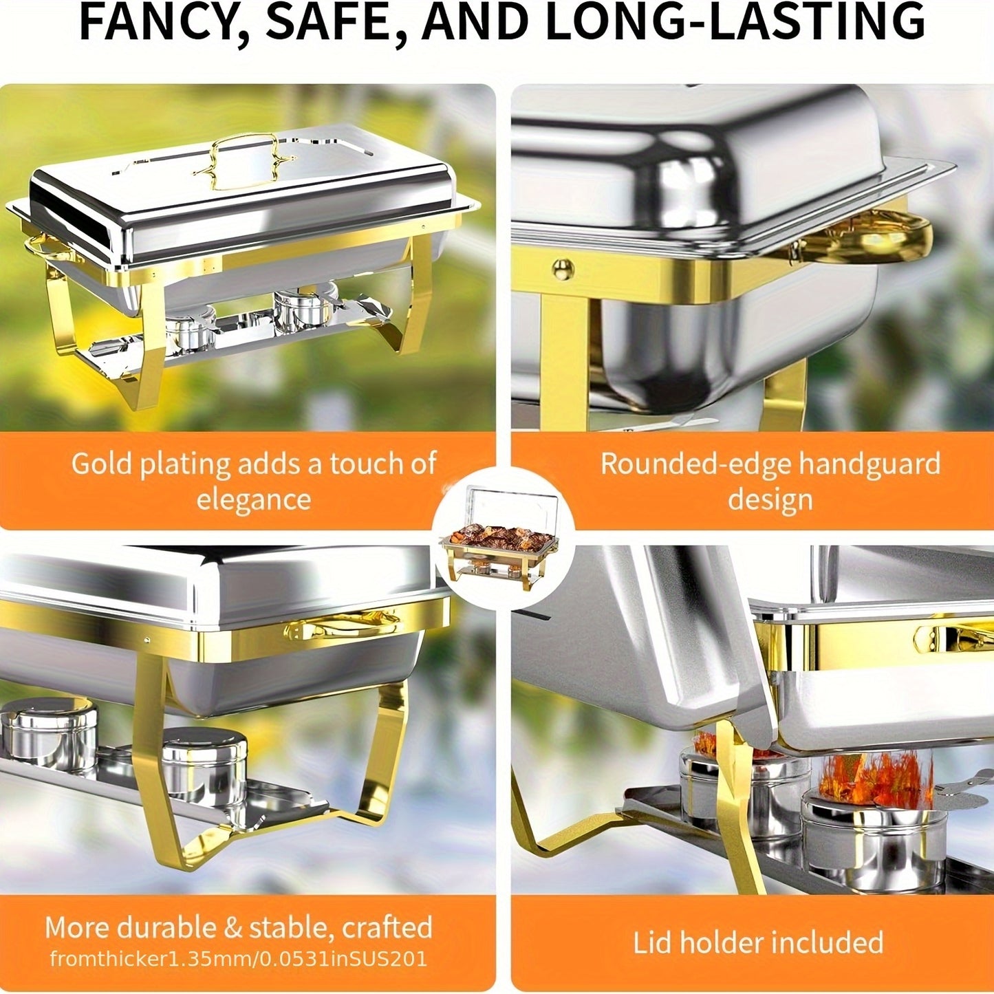 Chafing Dish Set – Warmhoudpan – Buffetpan – Serveerschotel – Au Bain-Marie – 4-Delige Set Goud – RVS 201 Roestvrij Staal – 9 Liter Inhoud – Geen Stroom Nodig – Elegant Stackbaar Design