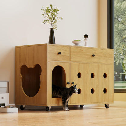 Rustieke Wicker Bijzettafel – Sidetable – Opbergtafel – Kattenhuis – Dressoir – Compact Ontwerp – Uitneembare Kattenbaklade – Duurzaam Rattan – Kaki Variant