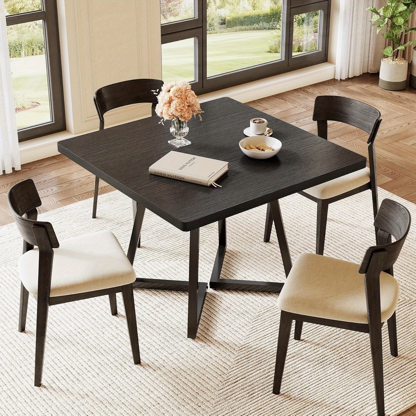 Eettafel Vierkant – Tafel Keuken – Dinertafel Compact – Tafeltje 4 Personen – Zwart Houten Blad – Robuuste Metalen Poten – Modern Industrieel Design – Makkelijk In Elkaar Te Zetten