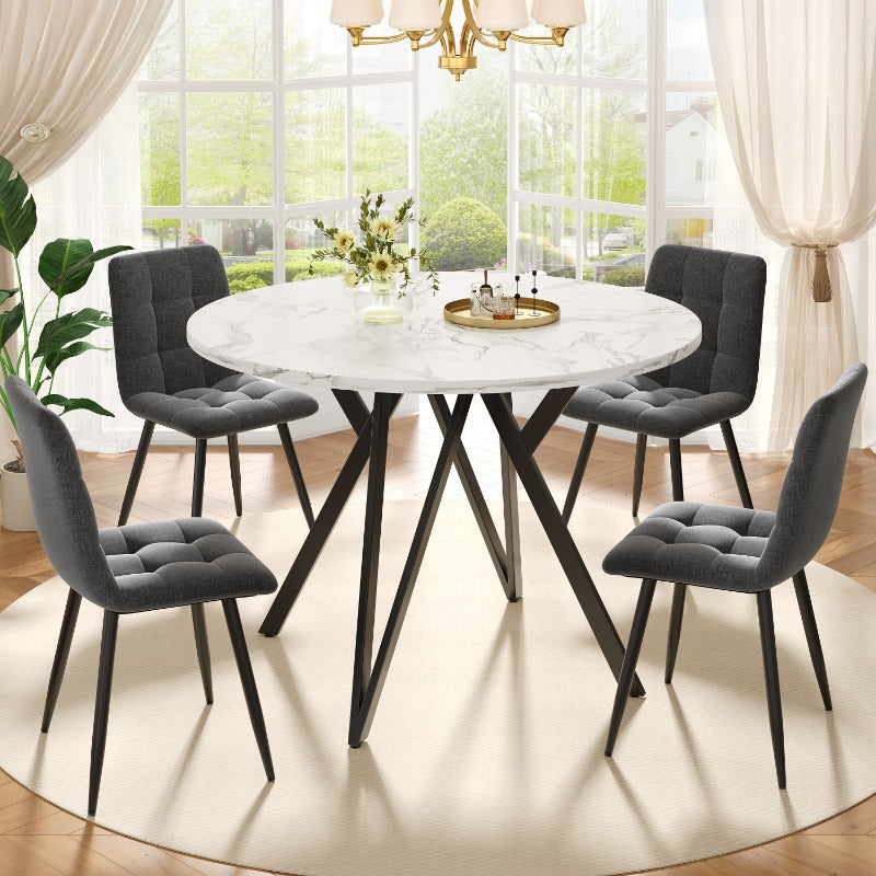 Ronde Eettafel – Tafel – Eetkamertafel – Keukentafel – Eettafel 4 Personen – MDF Marmeren Blad – Zwarte Metalen Poten – 100x100x76 cm – Klassiek Ontwerp – Geen Montage Nodig