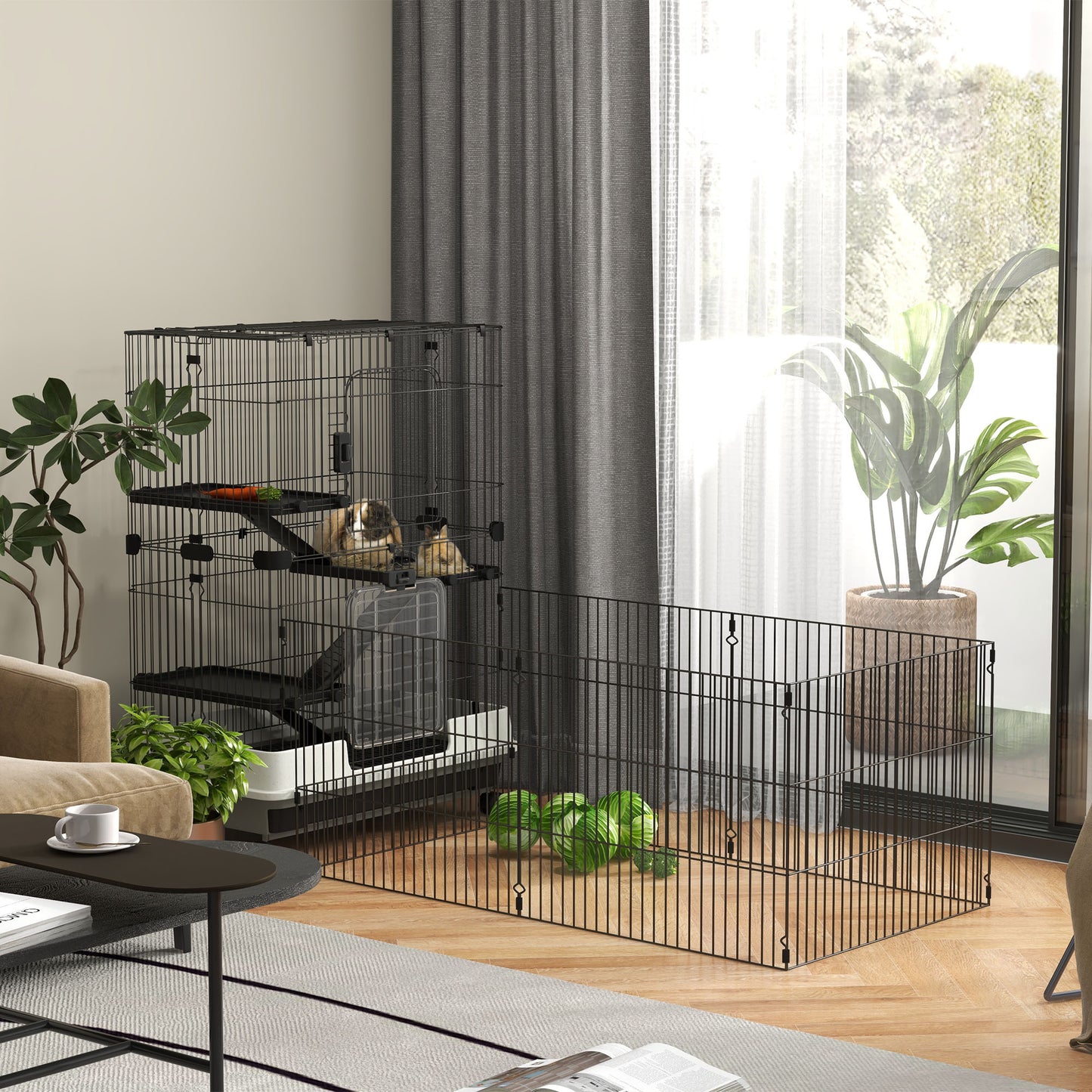 Kooi Kleine Huisdieren – Dierenkooi – Rattenkooi – Knaagdierkooi – Konijnenkooi – Drie Verdiepingen Met Ramps – Uitneembare Metalen Onderplaat – Zwart – 182x81x114 cm – Stevig Metaal