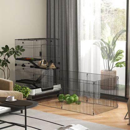 Kooi Kleine Huisdieren – Dierenkooi – Rattenkooi – Knaagdierkooi – Konijnenkooi – Drie Verdiepingen Met Ramps – Uitneembare Metalen Onderplaat – Zwart – 182x81x114 cm – Stevig Metaal