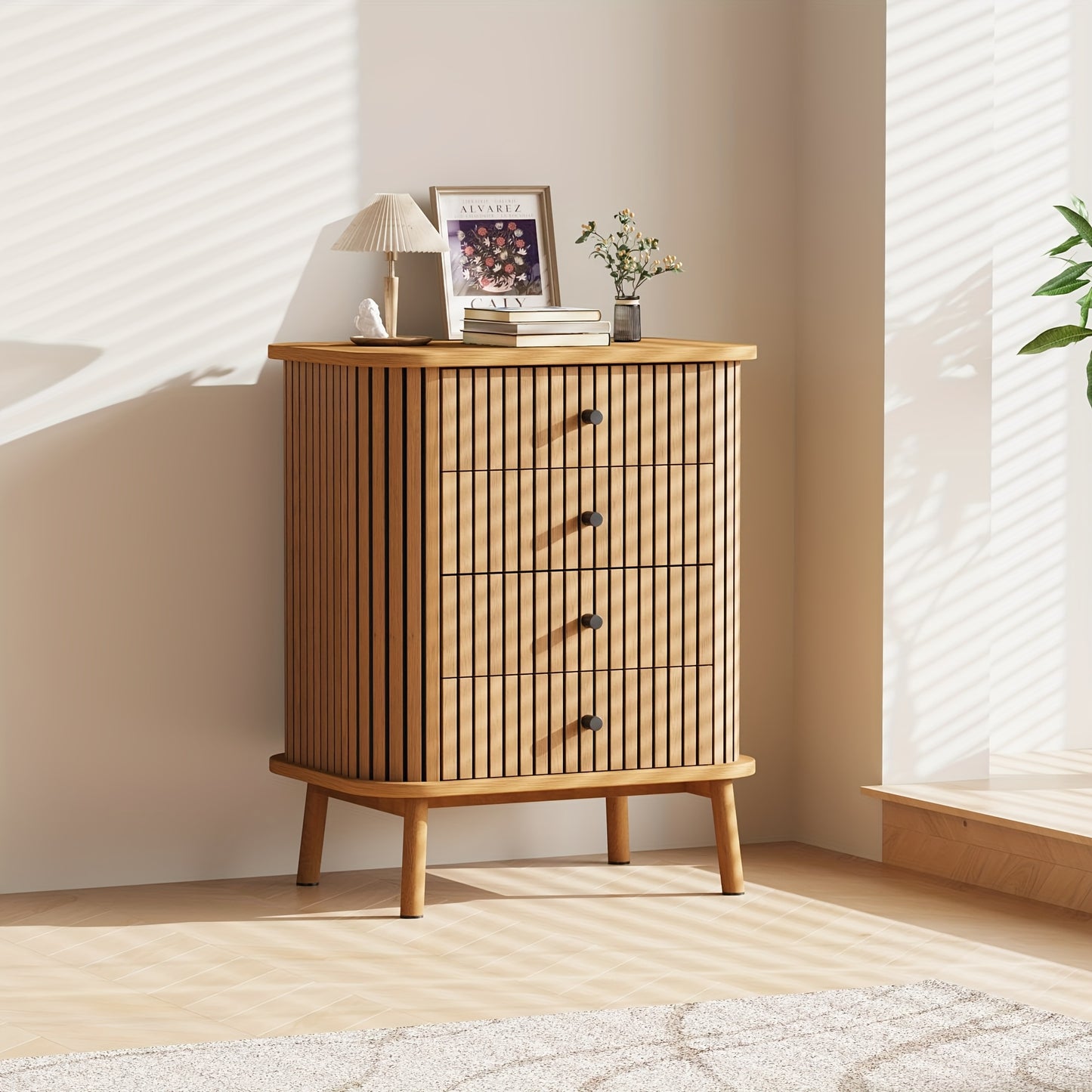 Nachtkastje – Ladekast – Opbergkast – Bedkast – Boho Wicker Kast – Natuurlijk Houtlook – 4 Laden – Ruime Opbergruimte – Compact & Duurzaam Design