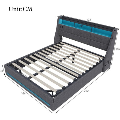 Gestoffeerd Tweepersoonsbed 160x200 – Opbergbed – Ladebed – Slaapbank – Bedframe – Hydraulische Opbergruimte – Grijs Linnen – Stevig Stalen Frame