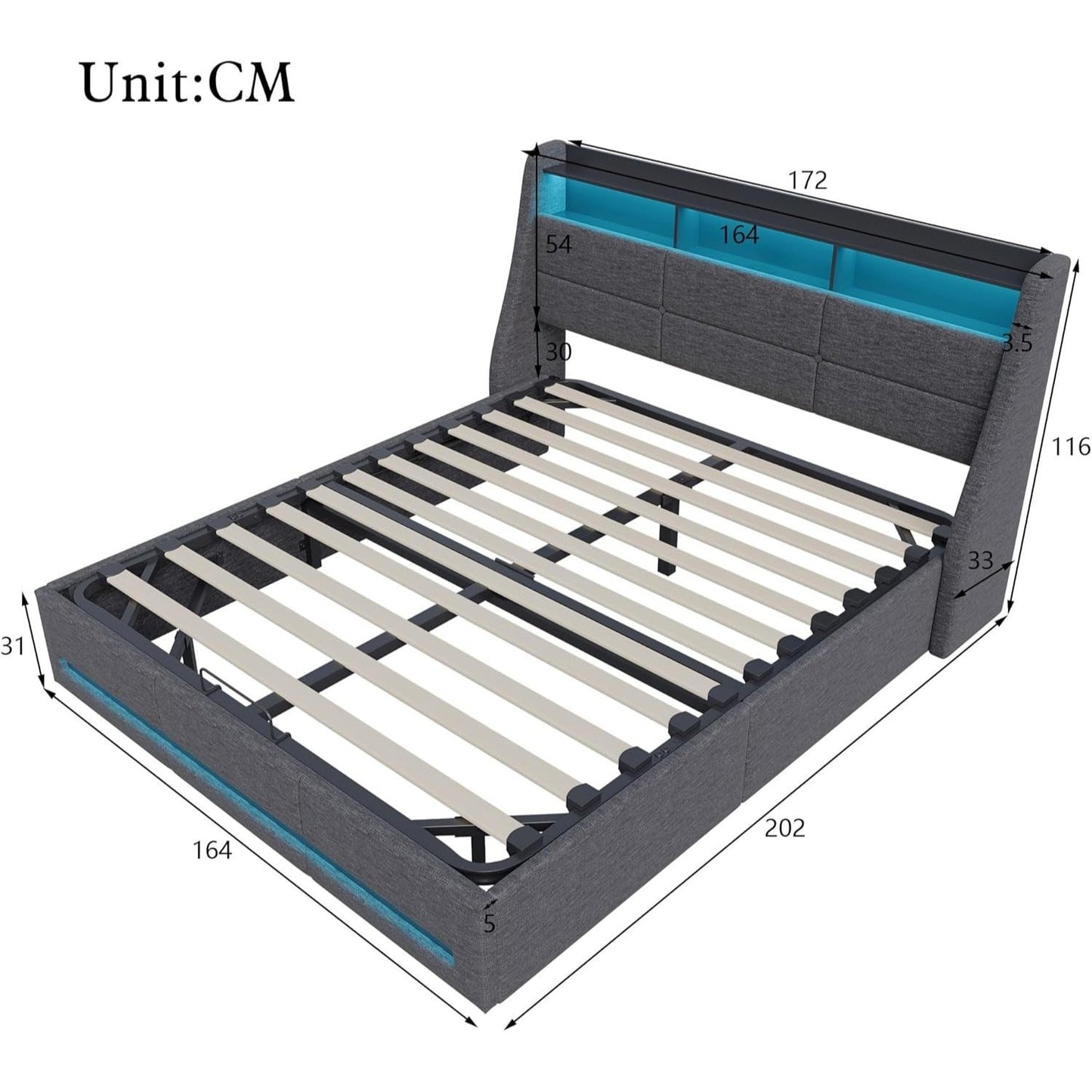 Gestoffeerd Tweepersoonsbed 160x200 – Opbergbed – Slaapbank – Bedframe – Boxspringbed – Hydraulische Opbergruimte – Grijze Linnen Bekleding