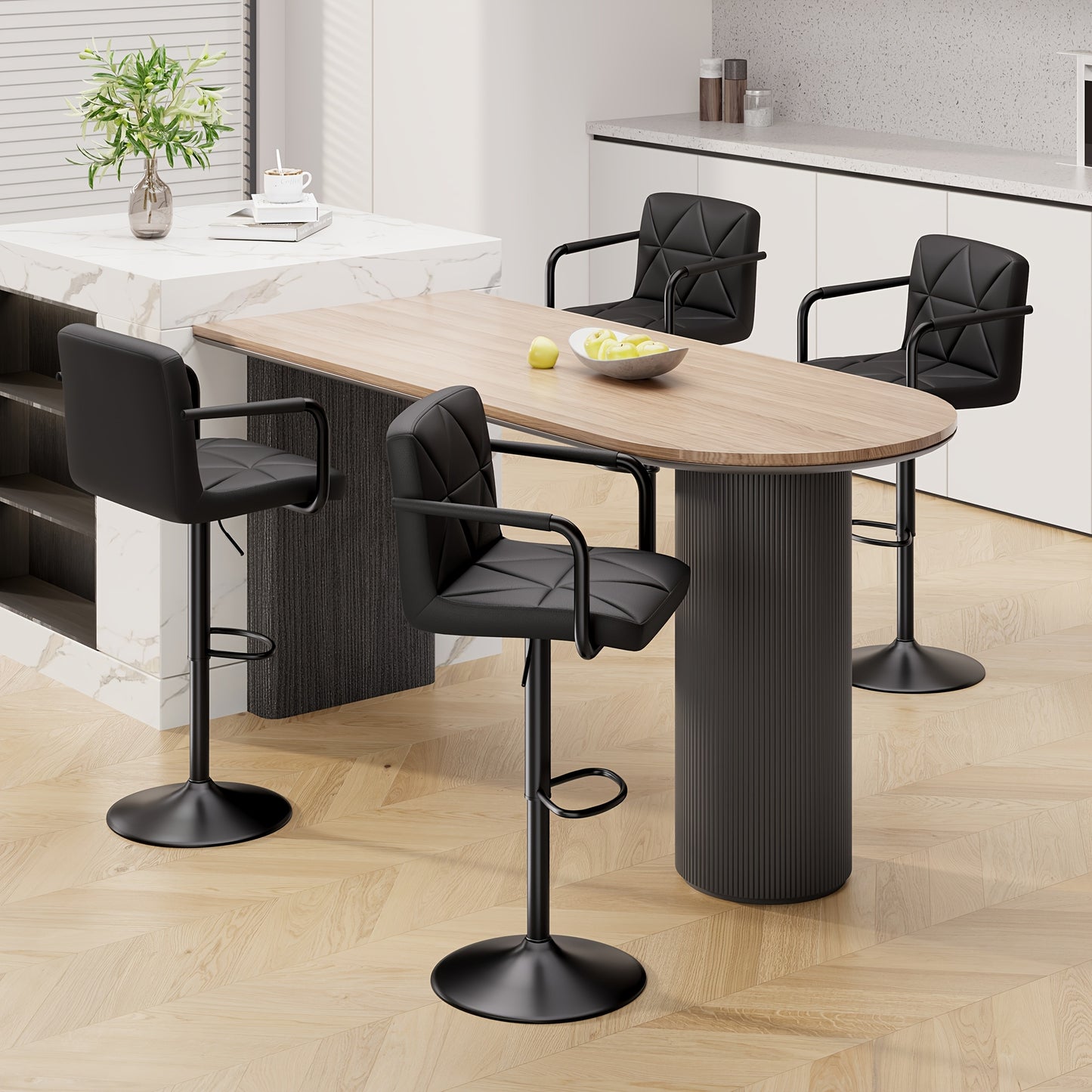 Barkrukken – Barstoelen – Keukenkrukken – Hoge Stoelen – Barkruk Set 4 stuks zwart – Verstelbare Hoogte – 360° Draaibaar – Ergonomisch Met Rugleuning En Armleuningen