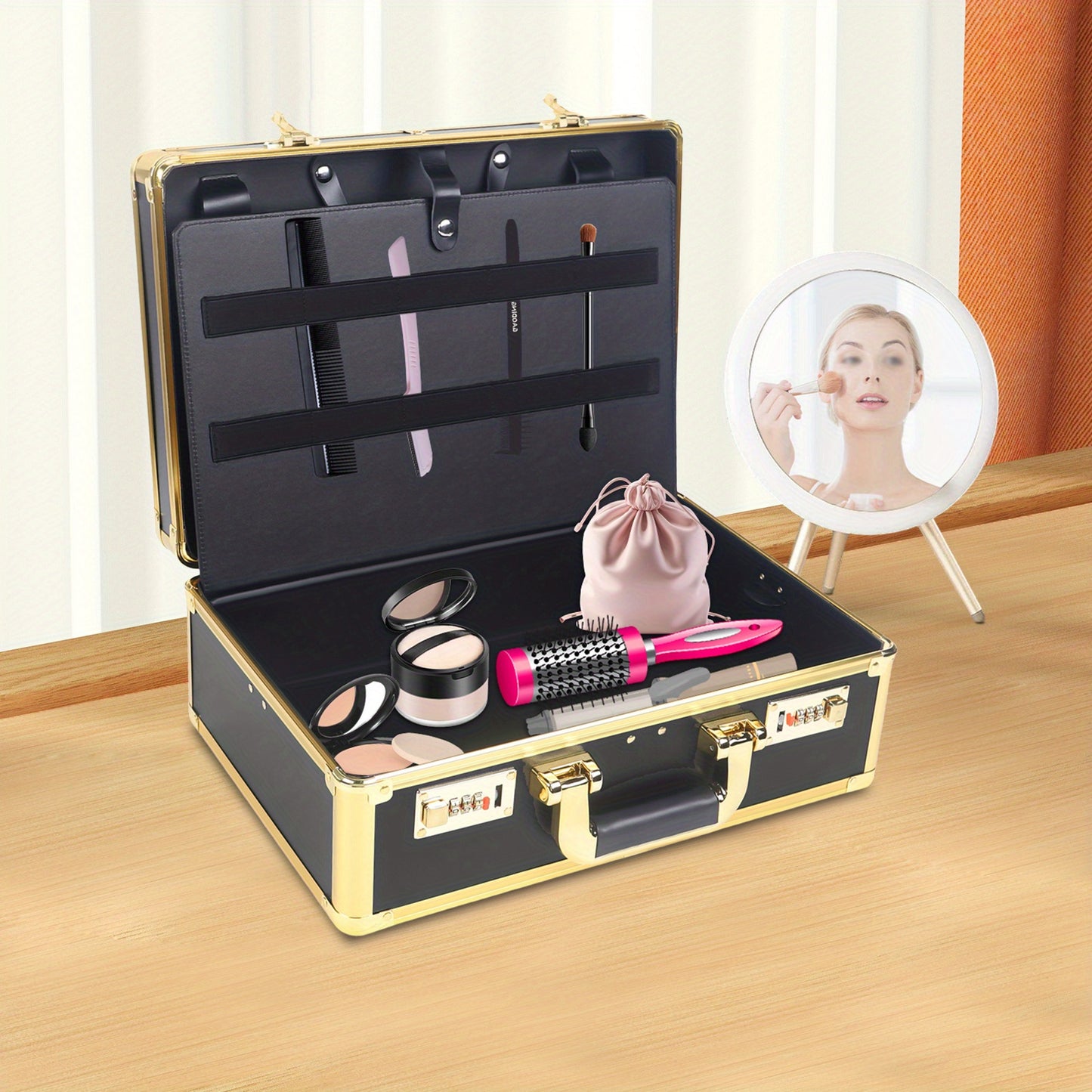 Professional Hairdressing Case | Golden Rectangular Design with Combination Lock, 20kg Weight Capacity, Ideal for Cosmetic Tools, Haircutting Equipment, Travel Makeup Storage - TOOL1SHOOO