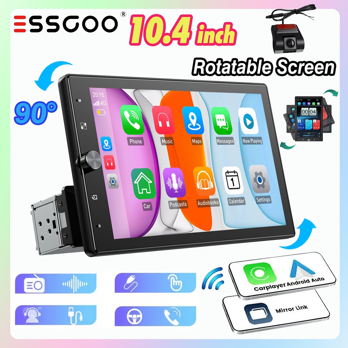 Autoradio – Multimedia Speler – Auto Stereo – Touchscreen Radio – Navigatiesysteem – 26,42 cm IPS Scherm – Draaibaar 90° – Wireless CarPlay & Android Auto – Inclusief USB Dashcam