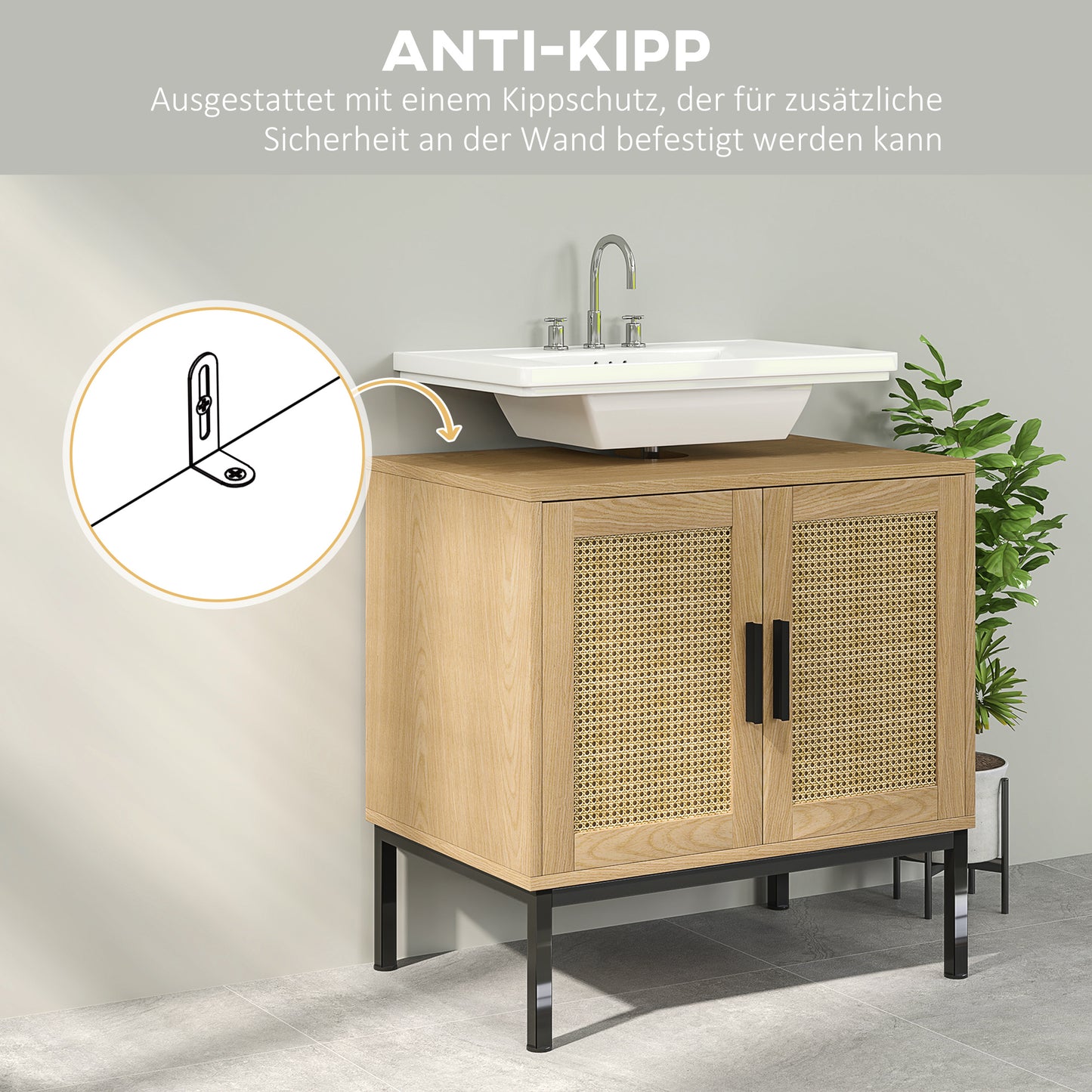 Badkamerkast – Badkamermeubel – Opbergkast – Kolomkast – Wastafelonderkast – Boho Design Met Rattan – U-Vormige Uitsparing – Eikenhoutlook