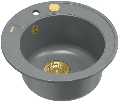 Quadron Morgan 210 Spoelbak, rond, spoelbak, keuken, grijs en goud, diameter 51 cm, granieten spoelbak, enkele spoelbak, enkele spoelbak, keukenspoelbak, enkele spoelbak