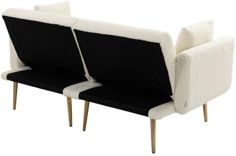 Velvet 3 Seater Design Sofa, Folding 3-Adjustable Sofa Bed, Metal Leg Support Living Room, Bedroom, Small Space, Comfortable for Sitting or Sleeping (White + Teddy) - QUORE