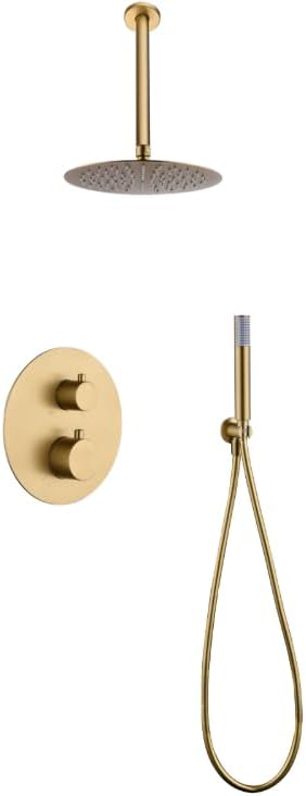 Thermostatische Inbouwdoucheset – Regendouche – Handdouche – Douchekraan – Douchegarnituur – Geborsteld Goud – 25 cm Ronde Douchekop – Zelfreinigend Thermostatisch Systeem