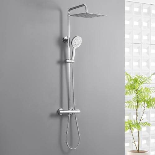 Auralum Douchekolom met thermostaat, douchesysteem met verstelbare hoogte, Doucheset met regendouche van roestvrij staal(30 x 30 cm), handdouche met 5 modi, uittrekbare douchestang (chroom)