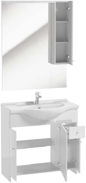 Deftrans Domodomo Bathroom Cabinet with Sink and Mirror, White, 105 cm, Bathroom Cabinet 80 x 80 x 48 cm, Ceramic Bathroom Furniture Set - QUORE