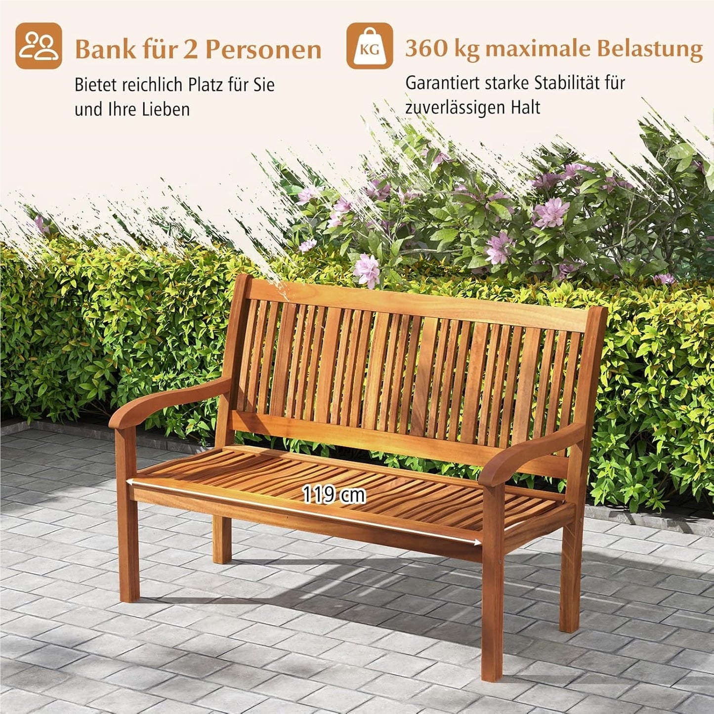 Houten Tuinbank – Buitenbank – Balkonbank – Parkbank – Zithoekbank – Weerbestendig Acaciahout – 320 Kg Draagkracht – 126x63x91 Cm – 2-3 Personen