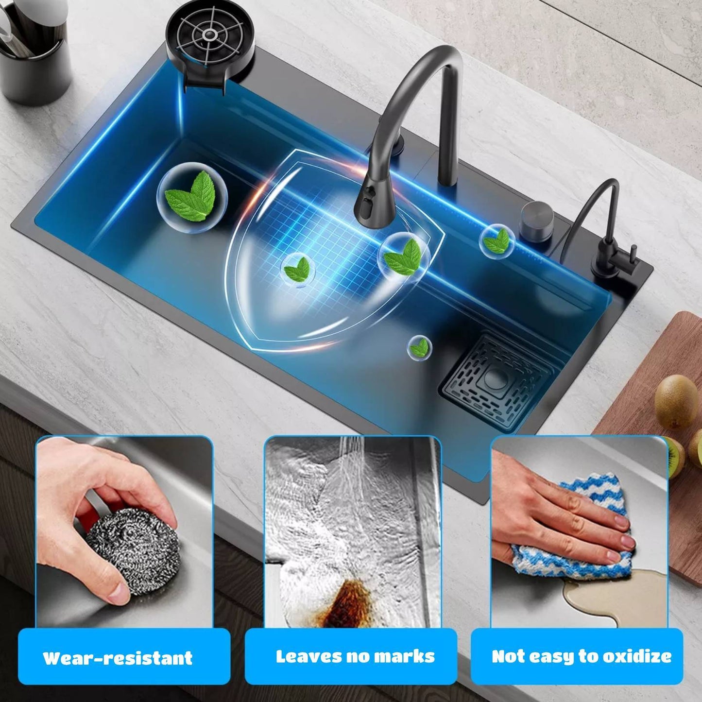 Keukenspoelbak – Spoelbak – Werkstation – Enkele Kom – Topmount – 80 x 45 cm – Roestvrij Staal – Mat Zwart – Multifunctioneel met 360° Mengkraan