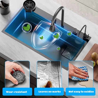 Keukenspoelbak – Spoelbak – Werkstation – Enkele Kom – Topmount – 80 x 45 cm – Roestvrij Staal – Mat Zwart – Multifunctioneel met 360° Mengkraan
