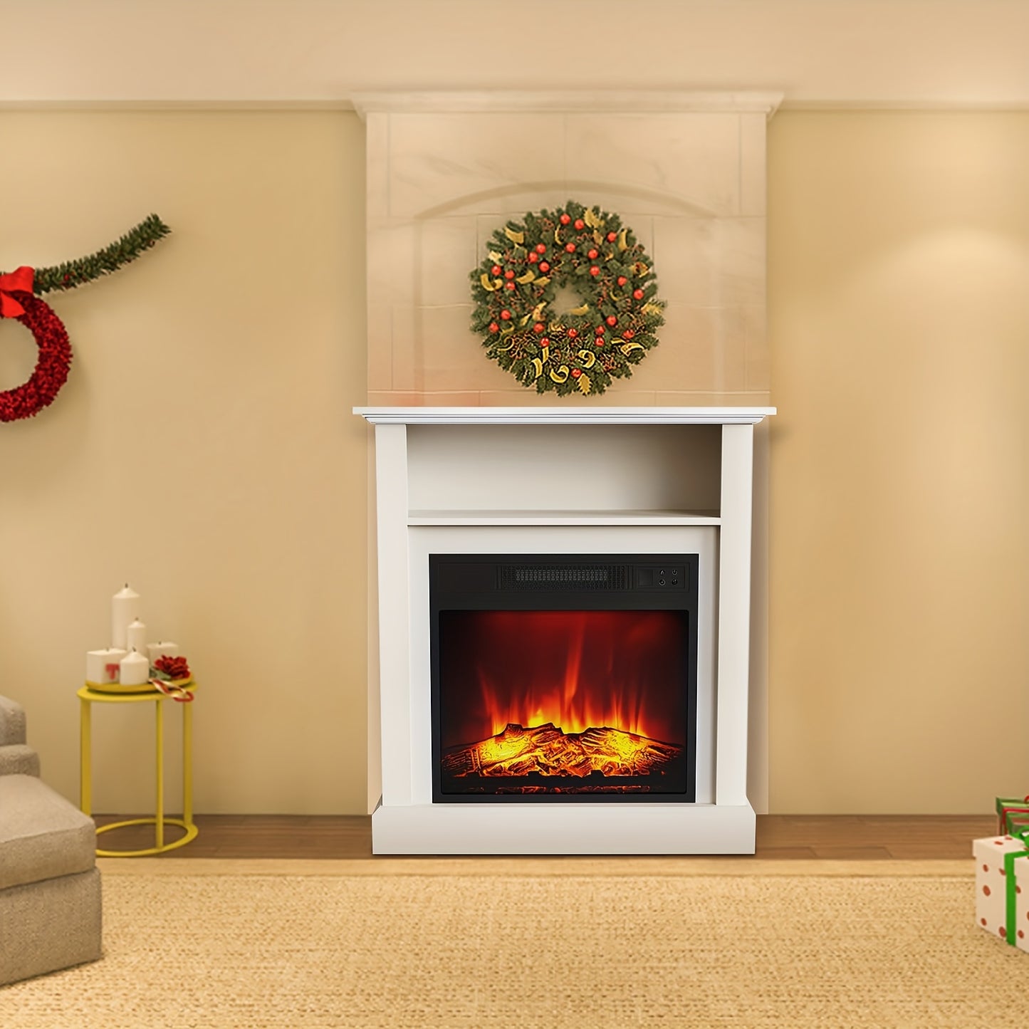 Elektrische Haard – Vrijstaande Haard – Sfeerverwarmer – Vuurtafel – Haardmantel Wit – Realistische 3D Vlammen – Verwarming 2000W Met Timer & Oververhittingsbeveiliging