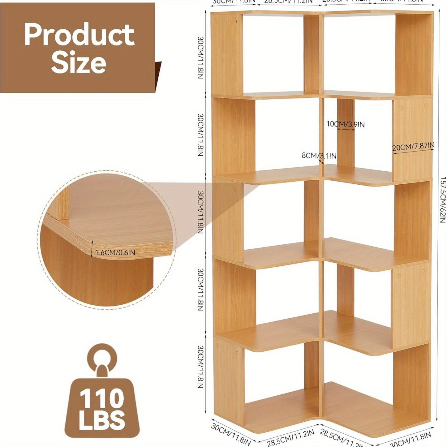 5-laagse Hoekboekenplank – Hoekrek – Boekenkast – Opbergkast – Hoekopberger – Vrijstaande L-vormige Plank – Ruimtebesparend Design – Stevige Duurzame Constructie